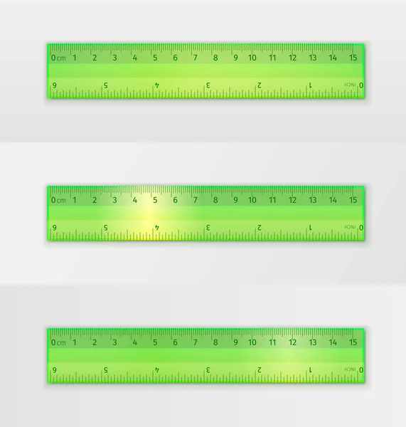 Conjunto de escuela que mide regla de plástico transparente de color verde 15 centímetros y 6 pulgadas — Archivo Imágenes Vectoriales