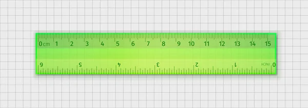 透明なプラスチック定規15センチメートルと6インチの緑色を測定する学校は ボックス内のノートブックシートの背景に対して隔離 — ストックベクタ