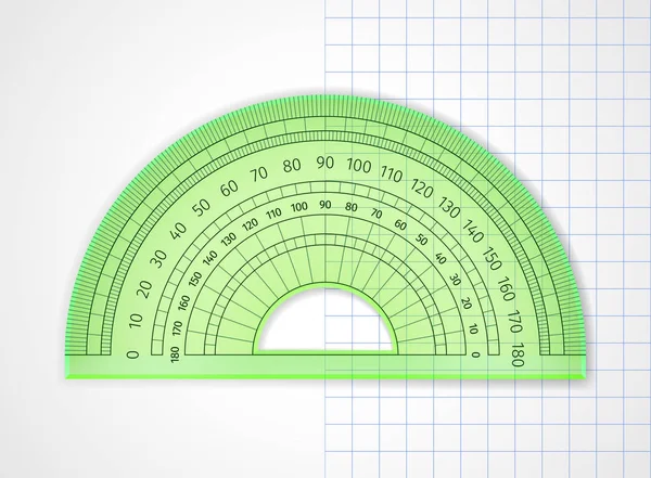 Skolmaterial. Mätverktyg. Grön genomskinlig plast gradskiva — Stock vektor