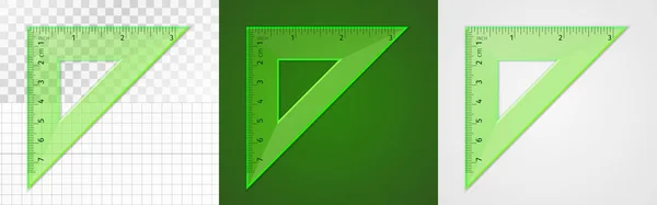Materiale scolastico. Strumento di misura. Regolo triangolo trasparente in plastica verde 7 cm e 3 pollici — Vettoriale Stock