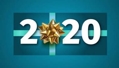 Altın hediye yay ile 2020 mutlu Yeni Yıl mavi arka plan