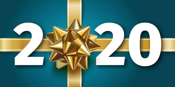 2020 heureux nouvel an fond bleu avec noeud cadeau doré — Image vectorielle