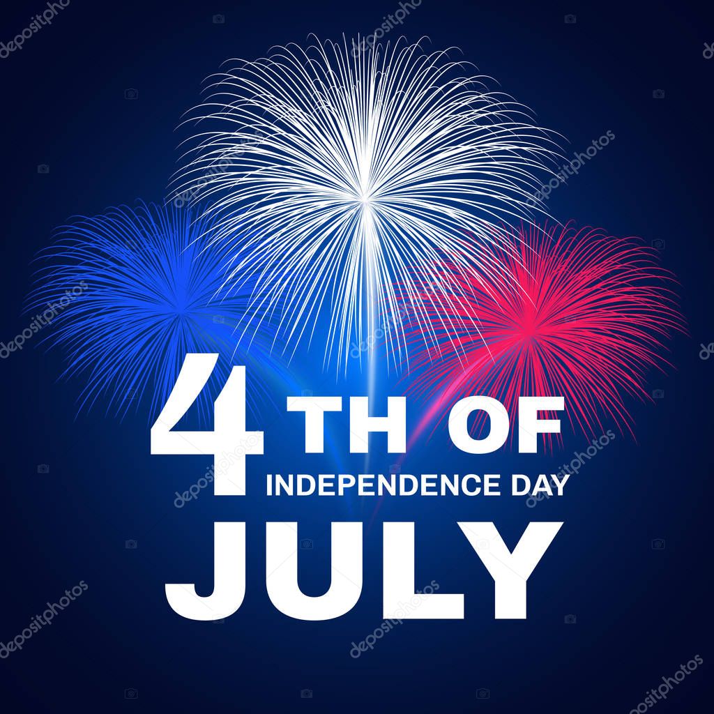 Happy Fourth of July. Independence Day of the United States, July 4th. Greeting card with inscription and firework on dark blue sky