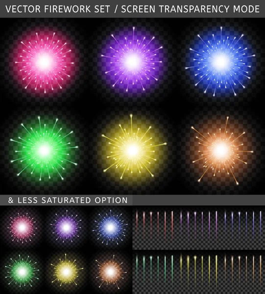 Διανυσματικά φωτεινά πολύχρωμα πυροτεχνήματα διαφορετικών χρωμάτων — Διανυσματικό Αρχείο