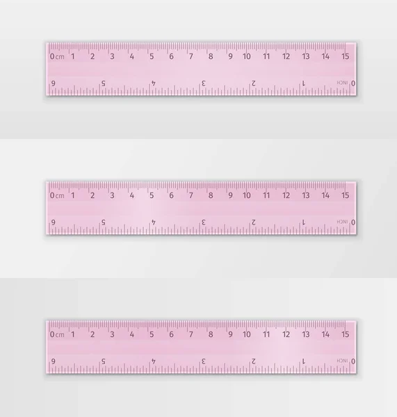 분홍색 15 cm와 6 인치의 투명 플라스틱 룰러를 측정하는 학교 세트 — 스톡 벡터