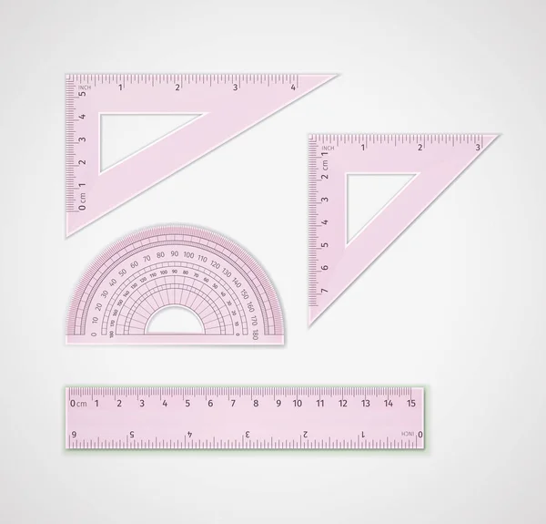 School supplies. Set of pink plastic transparent plastic measuring tools — Stock Vector