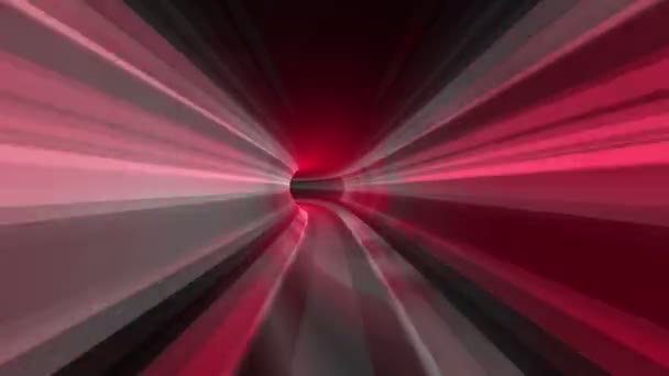 赤いバーチャルリアリティトンネルでの抽象的なスピードモーション ハイパースペースを飛ぶこの高エネルギーの視覚化と光の速度で空間と時間で飛行します シームレスループ — ストック動画