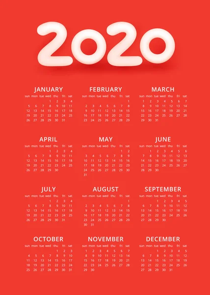 2020 färgglada kalender. Vektorillustration — Stock vektor