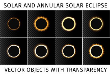 Total and annular solar eclipse. Set of different eclipses on a dark background with with an example of use on a transparent background. Vector illustration clipart