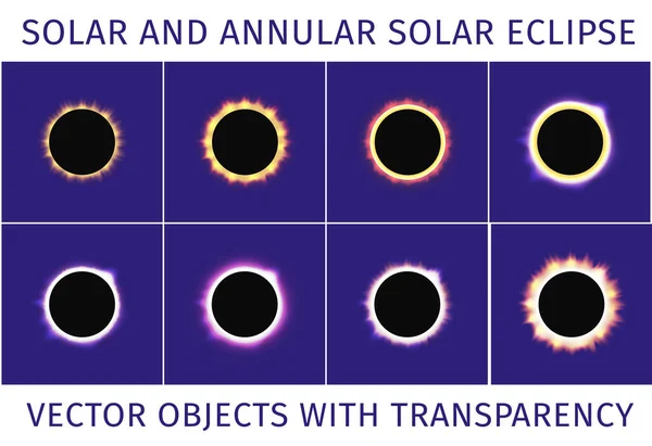 皆既日食と金環日食 濃い青の背景に透明度の異なる日食のセット ベクターイラスト — ストックベクタ