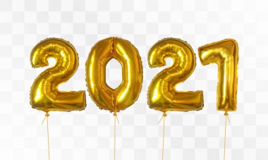 2021 adet altın kaplama balon şeffaf arka planda izole edildi. Mutlu yıllar 2021 tatili. Gerçekçi 3d vektör illüstrasyonu