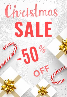 Noel süsleri, Noel şekerleri, altın fiyonklu hediye kutuları ve köknar dallarıyla süslenmiş Noel afişleri. Üst görünüm bileşimi. Gerçekçi 3d vektör illüstrasyonu