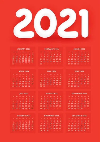 Väggkalendermall För 2021 Klassisk Stil Med Vitt Nummer 2021 Rött — Stock vektor