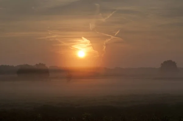 Nascer Sol Sobre Campo Com Névoa Matinal — Fotografia de Stock