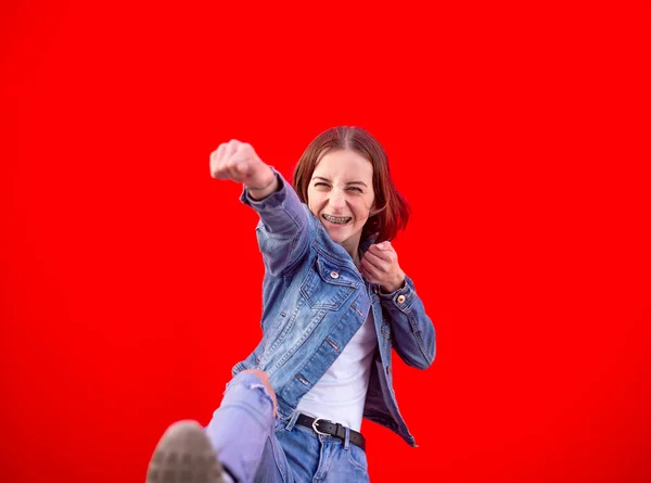 Happy Young Girl Red Background — Stock Photo, Image