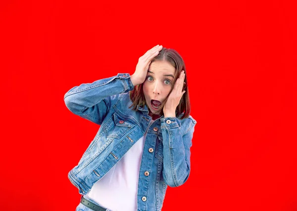 Surprised Young Girl Red Background — Stock Photo, Image