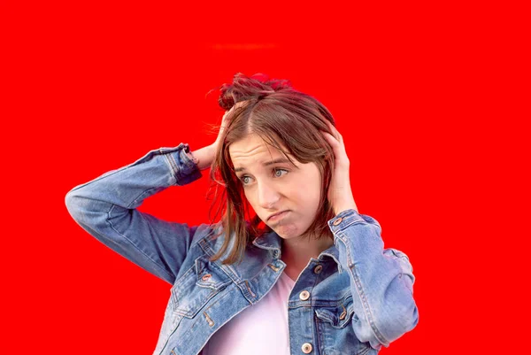 Young Girl Tousled Hairs Red Background — Stock Photo, Image