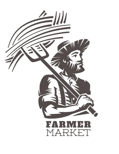Emblema Produtos Locais Frescos Agricultor Com Forquilhas Nas Mãos —  Vetores de Stock