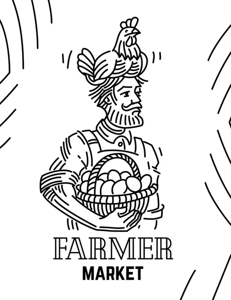 Селянин з куркою на голові і кошиком з яйцями — стоковий вектор