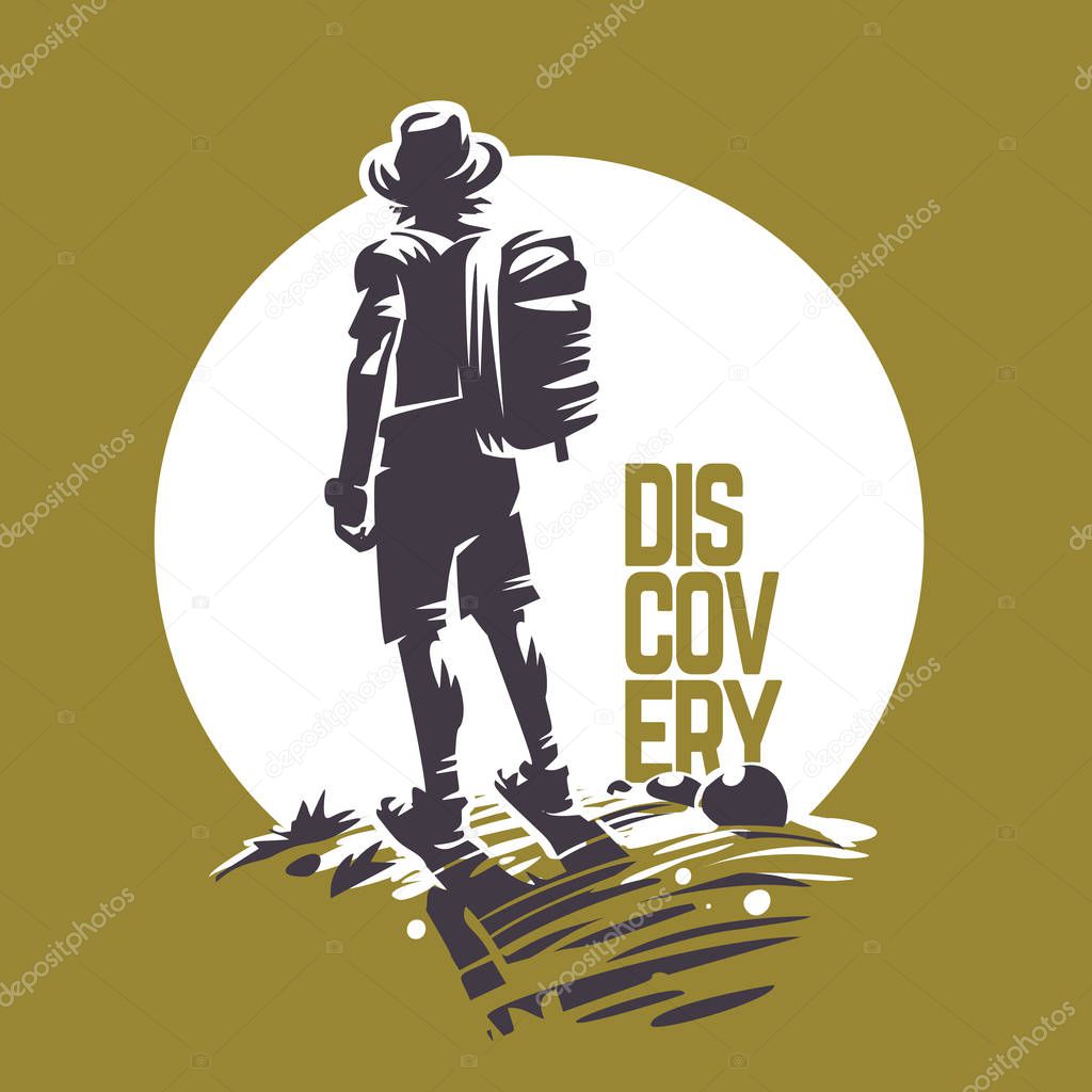 Travel emblem. Traveler with a backpack opposite the sun