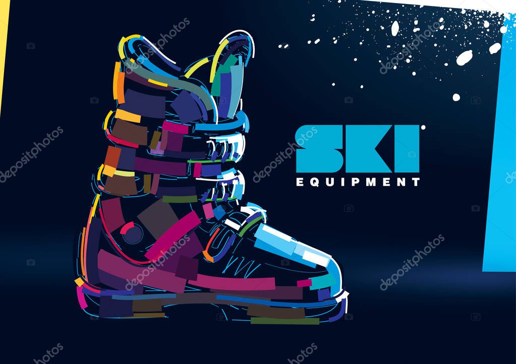 Ski boots. Winter collection. Banner in a digital painting