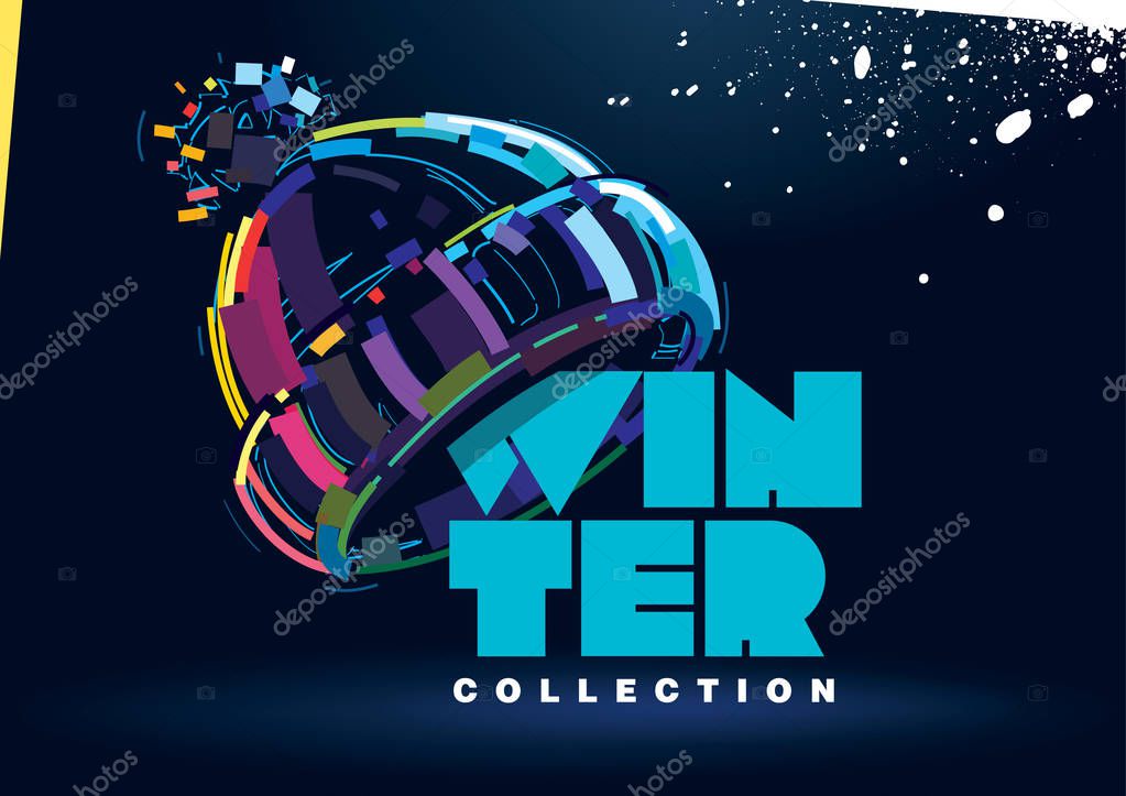 Stylized winter knitted hat. Winter collection. Banner in a digital painting