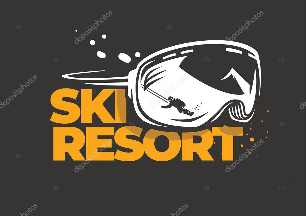 Ski resort emblem. Snowboard goggles on the dark background