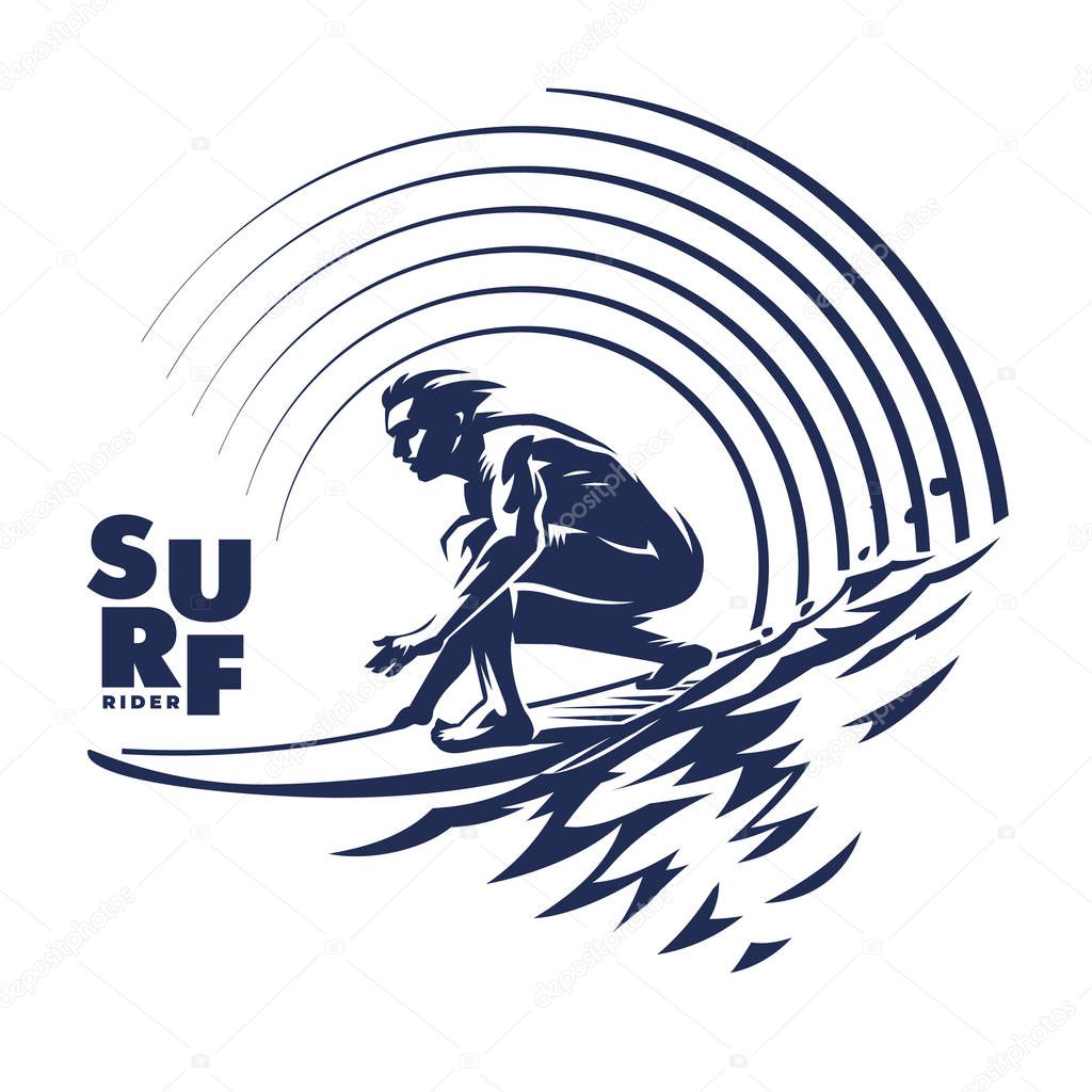 Surfer on ocean wave. Vector retro emblem. Black and white round composition on the topic wild waves