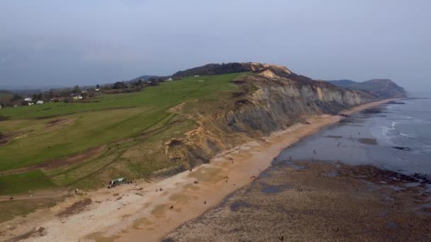 Fotografia Aérea Charmouth Bay Praia Torcendo Para Mostrar Costa Jurássica — Vídeo de Stock