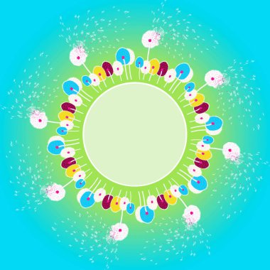 Yaz veya bahar çerçeve ile soyut renkli kuru dandellions tebrik kartı, etiket, afiş için