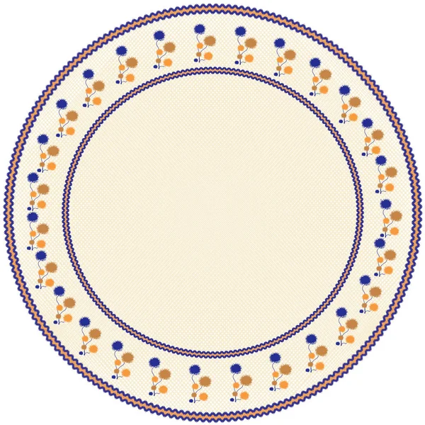圆餐巾与抽象的花刺绣在蓝色褐色 橙色颜色在编织米色背景与边缘 — 图库矢量图片