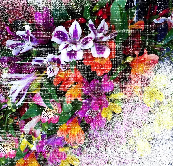 Абстрактний Квітковий Фон Стилізованим Букетом Лілії Гранжевому Смугастому Подряпаному Фоні — стокове фото