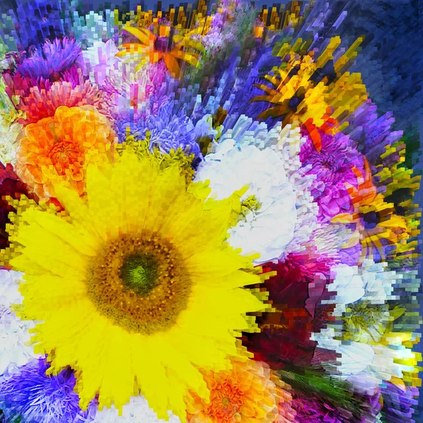 花卉背景与风格生动的花束向日葵 阿斯特 洋甘菊 达莉亚与彩虹离心光线在黑暗的背景 — 图库照片