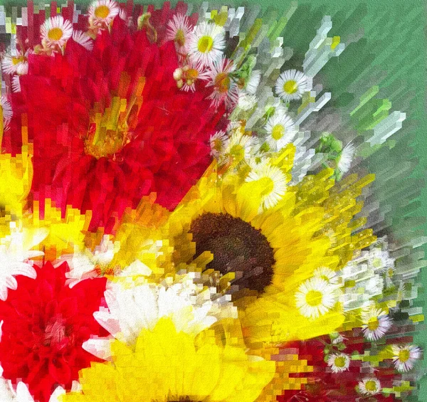 緑の背景の遠心線ひまわり アスター ダリアの様式化された鮮やかな花束と花の背景 — ストック写真