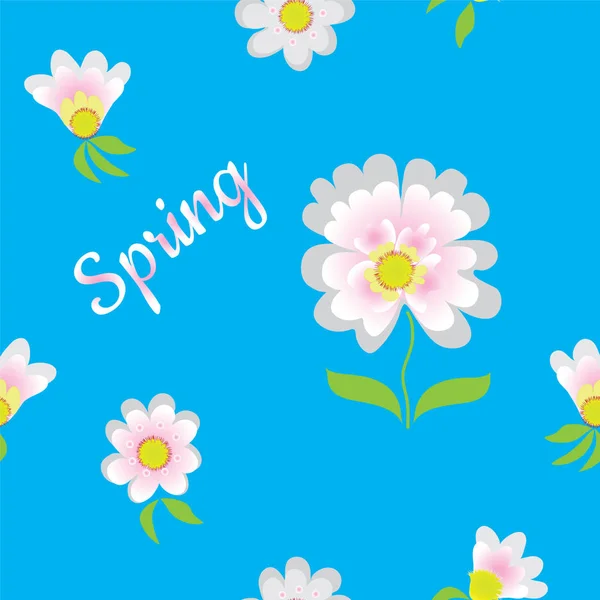 抽象的な花と Web デザインの白 ピンク ブルー色で単語春のシームレス パターン — ストックベクタ
