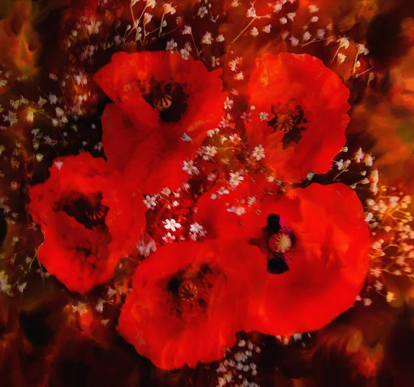 Stylized bouquet of red poppies on grunge stained blurred dark — Stock Photo, Image