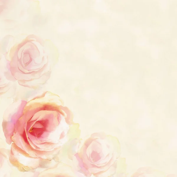 Grußkarte mit hellen Rosen auf dunstigem Hintergrund in Pastell — Stockfoto