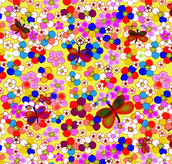 Kindischer Hintergrund Mit Regenbogen Abstrakten Blumen Und Schmetterlingen — Stockfoto