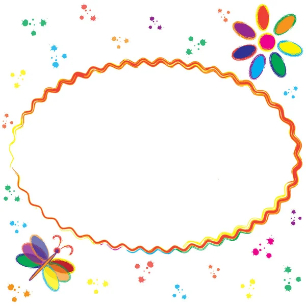 Παιδική Ευχετήρια Κάρτα Οβάλ Πλαίσιο Αντίγραφο Χώρου Στυλιζαρισμένο Λουλούδι Ουράνιο — Διανυσματικό Αρχείο