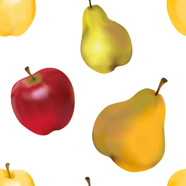 天然の赤と黄色のリンゴとシームレスなパターン ウェブデザインのための白を背景にオレンジ 緑の梨 — ストックベクタ