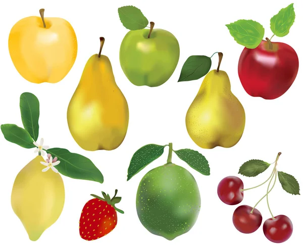 Set Natural Ripe Fruits Berries Apples Pears Lemon Lime Cherry — Stock Vector