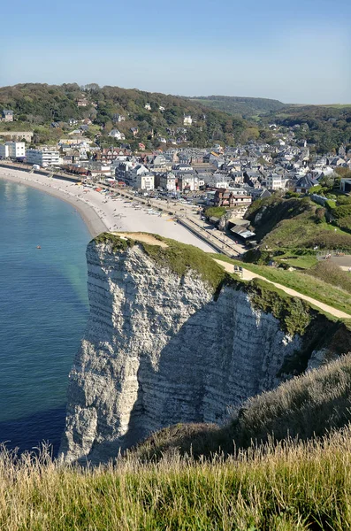 Aerial View Etretat Its Beach Village Town Famous Its High — Stock Photo, Image