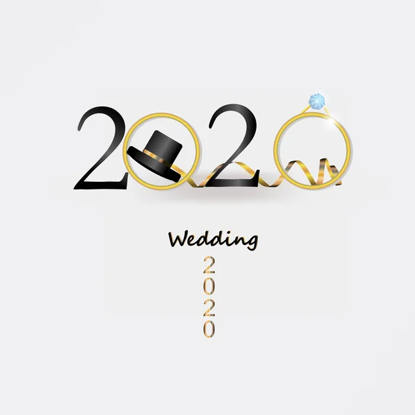Casamento 2020. números logotipo, anel dourado e chapéu. serpentina Gráficos Vetores
