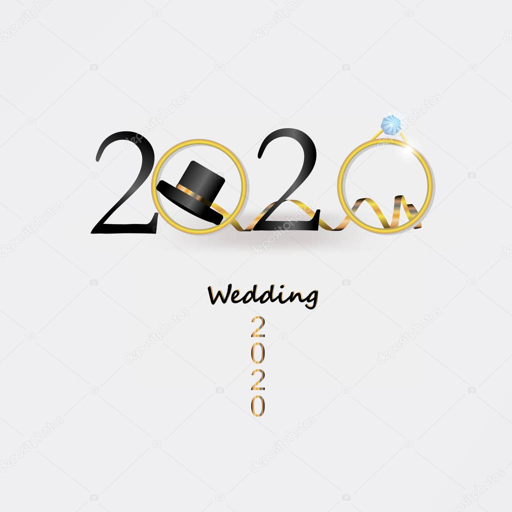 2020 wedding. numbers logo, golden ring and hat.
