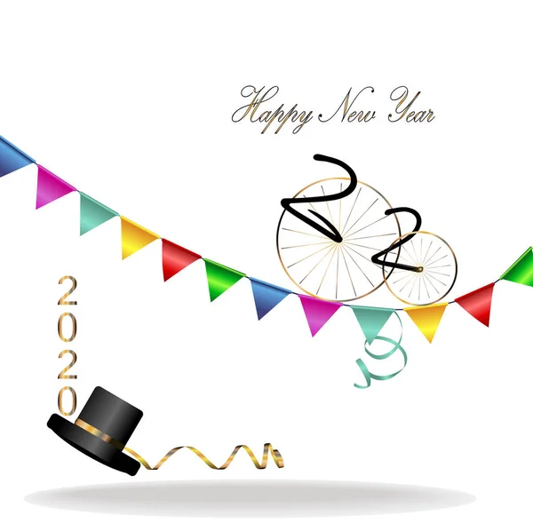 Figures 2020 new year. Multi-colored flags. Bicycles Black hat. — Stock Vector