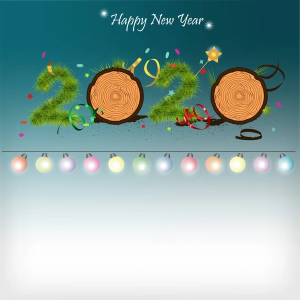2020 新年快乐和圣诞快乐框架与雪和真正的木材绿色松树。矢量插图 — 图库矢量图片