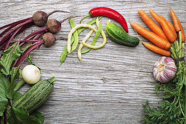 Assortimento Verdure Fresche Ingredienti Sfondo Rustico Legno — Foto Stock