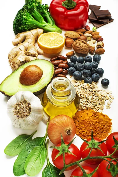 野菜と果物ナッツ健康食品選択 心コレステロールや糖尿病の健康的なダイエット食品 — ストック写真