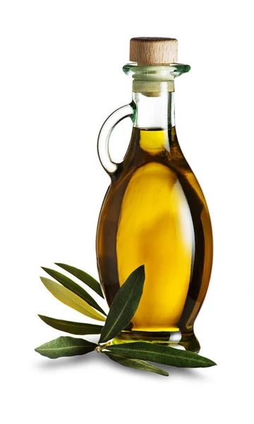 Olivový Olej Olivovou Ratolestí Izolované Bílém — Stock fotografie
