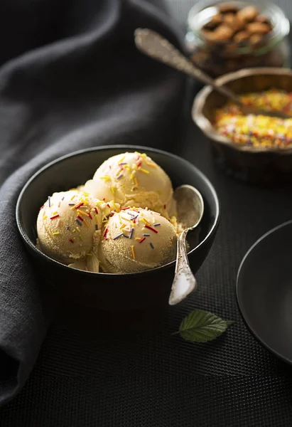 Homemade Organic Vanilla Ice Cream Scoops Decorated Colorful Sprinkles — Stock Photo, Image
